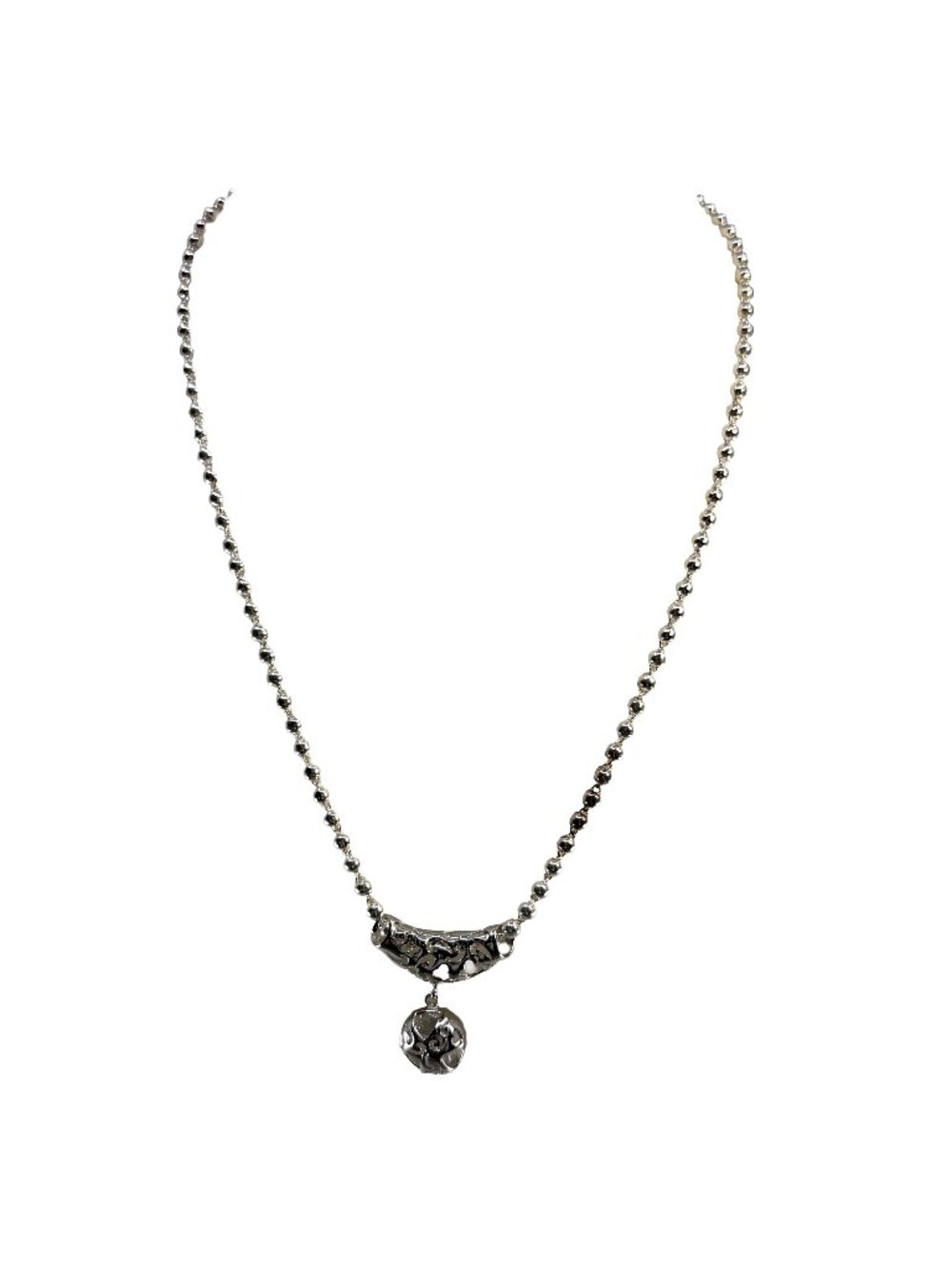Solid 925 Sterling Silver Filigree Scroll Ball Pendant Bead Necklace 10.5g 450mm